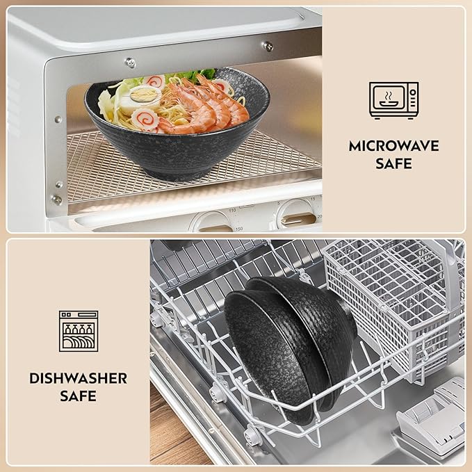 40 OZ ceramic ramen bowls, 8 IN large Japanese noodle soup bowl, match chopsticks and spoons, suitable for Pho, Udon Asian noodles (Black color)