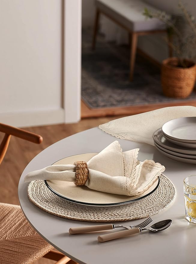 Hausattire Cloth Napkins 12 Pack 20x20 Inches Flax Cotton Washable and Reusable Table Dinner Napkins with Lace for Hotel,Weddings,Thanksgiving Decor| Highly Absorbent Cloth Napkins|Natural