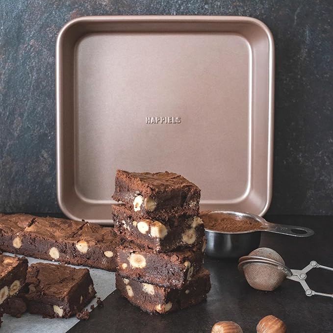 HAPPIELS Nonstick 9x9 Baking Pan | PFOA & BPA Free Non Toxic 9 x 9 Inch Cake & Brownie Pan | Best Nontoxic Square 9x9 inches Pans for Baking | Non Stick Carbon Steel Gold Baking Ware