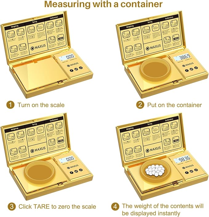 MAXUS Digital Gram Scale with 200g x 0.01g Capacity, Stylish Gold Plated Cover and Platform for Accurate and Precise Weighing of Jewelry, Grains, and Food in Grams and Ounces