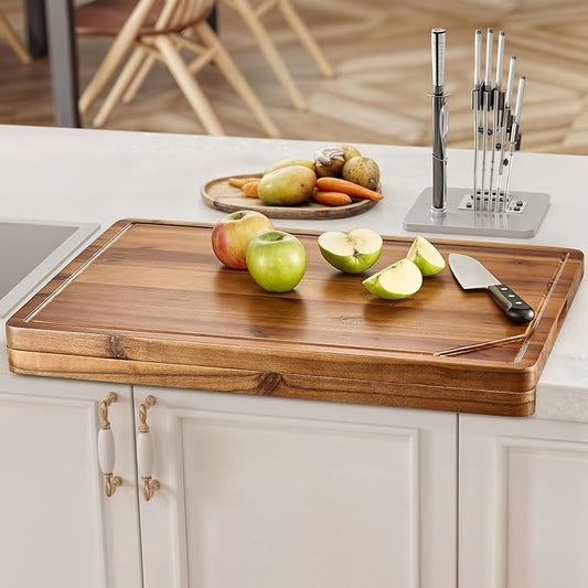 Acacia Wood Cutting Board and Chopping Board with Handle for Meat, Cheese Board, Vegetables, Bread, and Charcuterie Board - Wooden Serving Board for Kitchen, Dining Room (24" x 18")