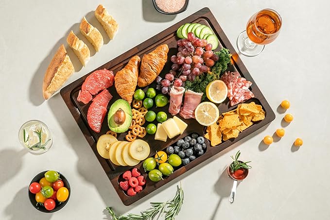 Walnut Cutting Boards For Kitchen, Wooden End Grain Cutting Board with Handle, Dark Walnut Chopping Board Double Sided Charcuterie Boards For Meat, Vegetables, Fruits, Cheese, 17”X13” X1”