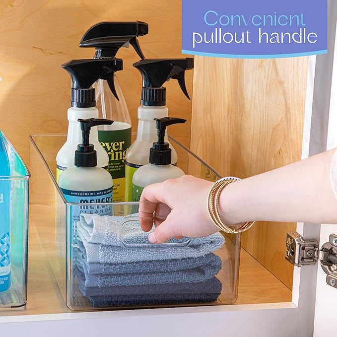 Plastic Food Storage Clear Container Bin with Handles for Organizing Kitchen, Pantry, Refrigerator, Freezer, Pantry, Cabinet, Closet, Bathroom. 16”x8”x5”