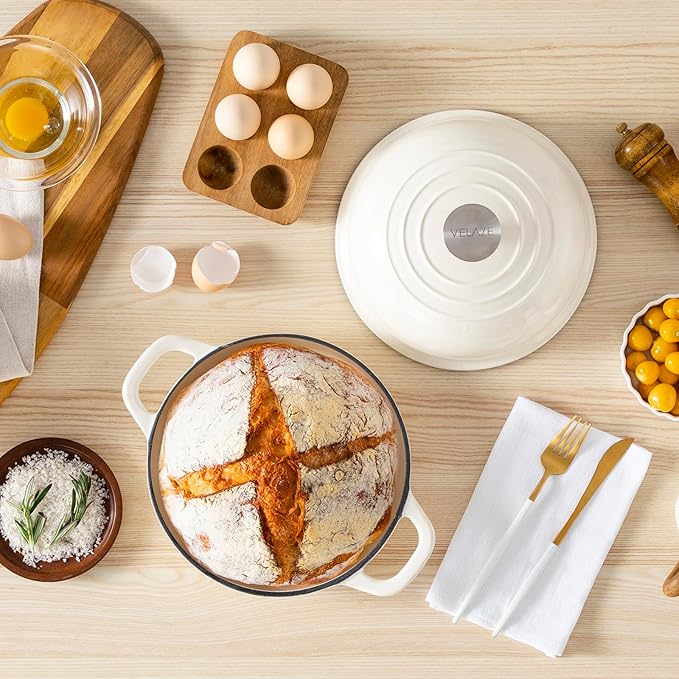 Velaze Enameled Cast Iron Dutch Oven for Bread Baking,5 QT Round Bread Oven Pot with Dome Lid for Sourdough, Roasting,Braising(White)