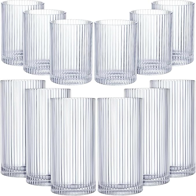 Zhehao 12 Pcs Ribbed Drinking Glasses Set 9 oz 12 oz Glass Cups Vintage Glassware Ribbed Cocktail Cup Clear Ice Coffee Highball Ripple Drinkware for Home Bar Beverages