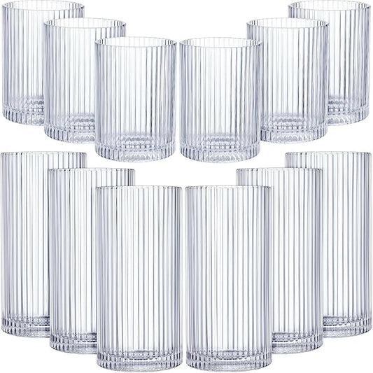 Zhehao 12 Pcs Ribbed Drinking Glasses Set 9 oz 12 oz Glass Cups Vintage Glassware Ribbed Cocktail Cup Clear Ice Coffee Highball Ripple Drinkware for Home Bar Beverages