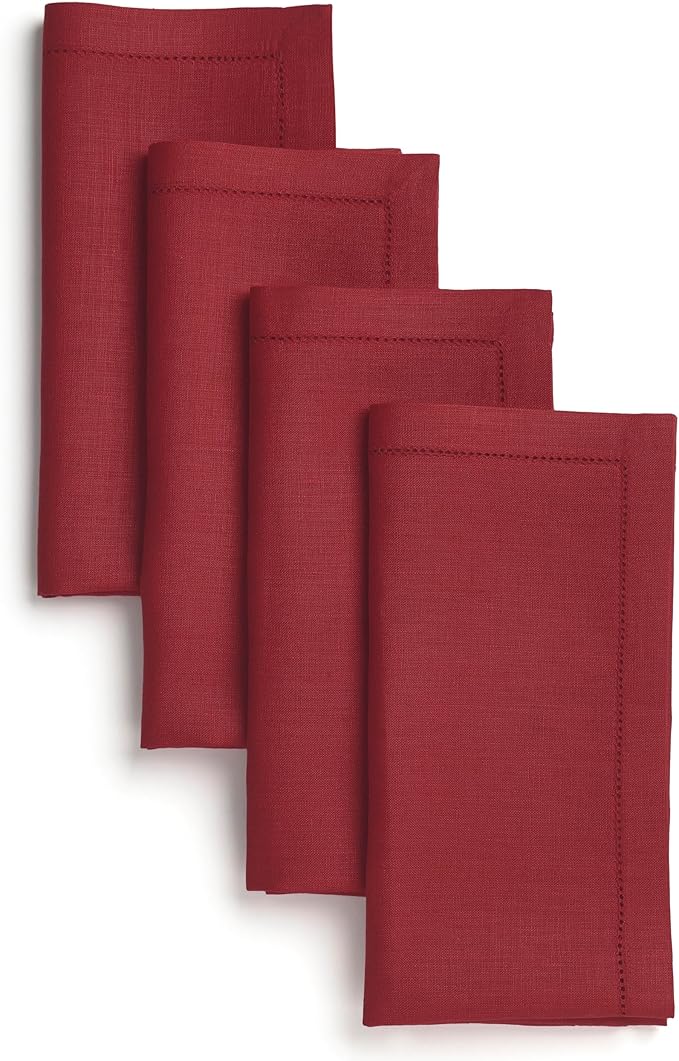 D'Moksha Homes Red Linen Napkins Set of 4 - Classic Hemstitch 100% Pure Linen Hemstitch Dinner Napkins 20 x 20 Inch for Fall, Thanksgiving, Christmas, Holiday - Handcrafted and Machine Washable