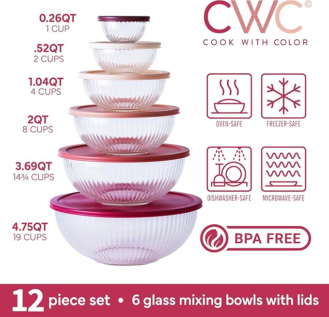 COOK WITH COLOR 12 Pc Glass Mixing Bowl Set with Lids – Borosilicate Glass Nesting Bowls for Cooking, Baking and Meal Prep, Fluted Rose