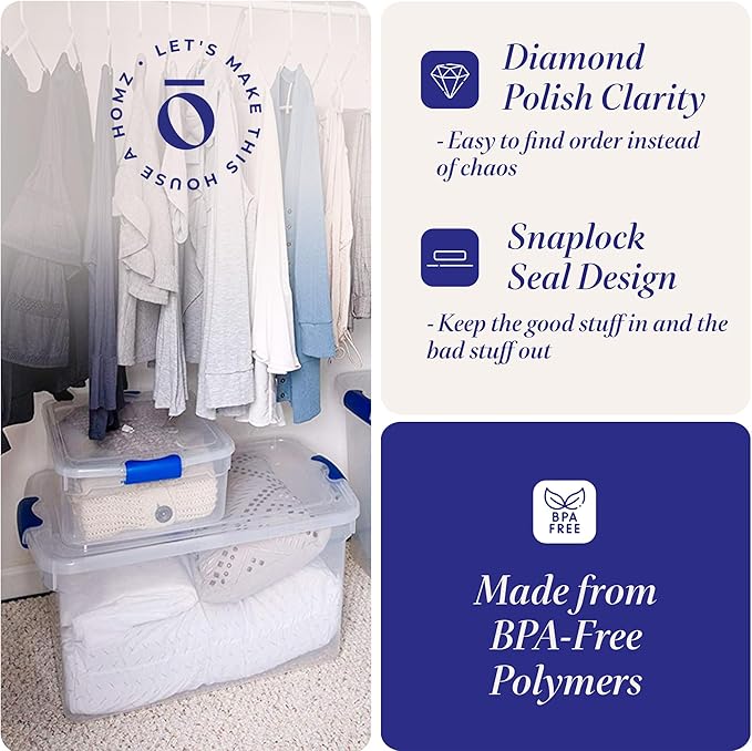 HOMZ 2-Pack Latching Lid, Large Clear Plastic Storage Bins with Lids, 66 Quart, Blue Latch - Stackable Container Boxes for Home, Bathroom, and Office Organization