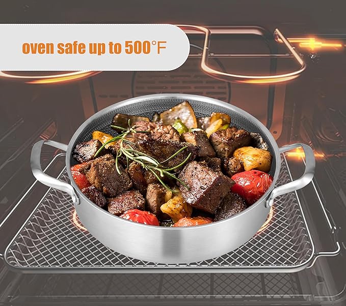 Inqibee 3 QT Hybrid Tri-Ply Stainless Steel Non Stick Sauté Pan with Lid,10 Inch Induction Deep Frying Pan,Skillet,Jumbo Cooker,Dishwasher and Oven Safe