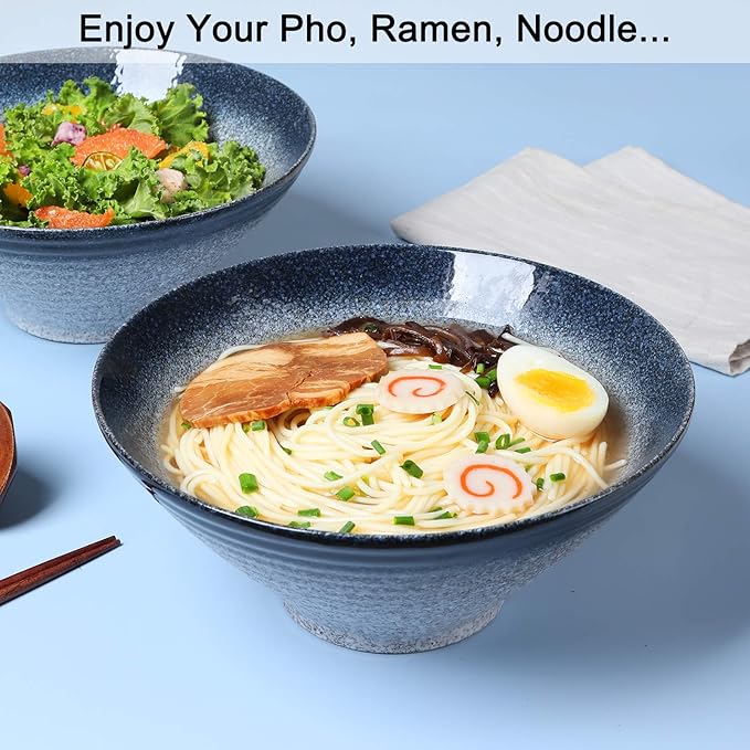NJCHARMS Ramen Bowls, Ramen Noodle Soup Bowl, 2 Sets (6 Piece) 60 Ounce, with Spoons and Chopsticks for Udon Pho Asian Noodles, Noodle Bowls Large (Blue-Green)