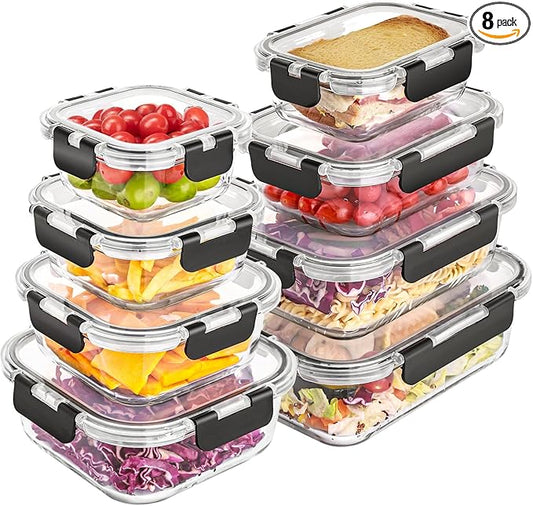 Liuruiyu 8 Pack Glass Food Storage Containers with Lids, Meal Prep Containers, Airtight Bento Boxes with Leak Proof Locking for Microwave, Oven, Freezer and Dishwasher, BPA Free