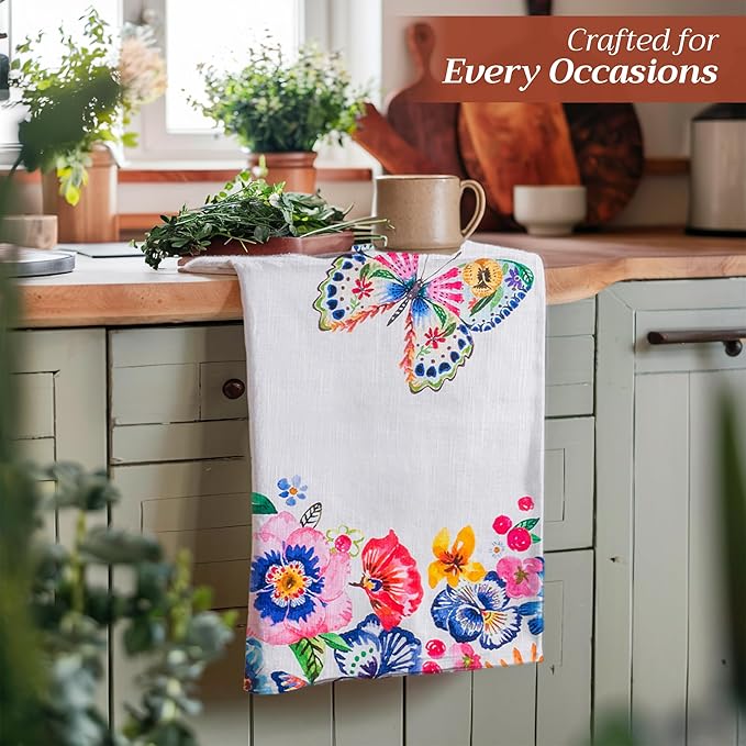 Maison d' Hermine Kitchen Towels Set of 3 100% Cotton 27.50" x 20" Reusable Cloth Tea Dish Towels Absorbent with Hanging Loop for Kitchen, Cocktail Parties Spring/Summer (Happy Florals - High Summer)