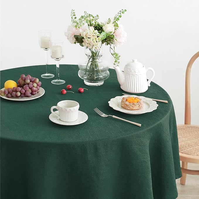 Linen World Green Linen Tablecloth - 100% French Linen Round Tablecloth 90" Inch, Washable Natural Table Cloth for Dining, Outdoor, Weddings and Restaurants, Decorative Thanksgiving Christmas
