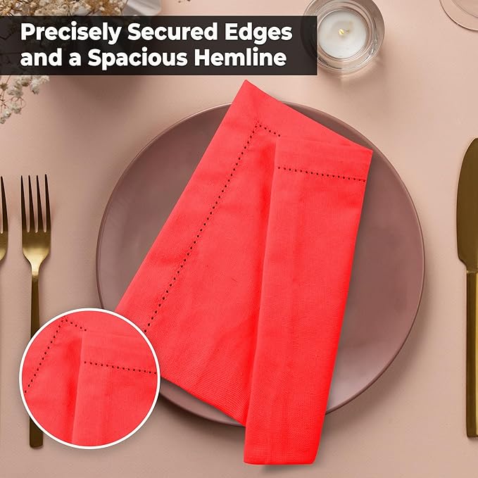 Urban Villa Cloth Napkins Hemstitch Solid Red100% Cotton Absorbent Dinner Napkins (Set of 6) 20x20 Inches Soft Durable Washable Reusable Ideal for Everyday Use Wedding Parties Cloth Dinner Napkins