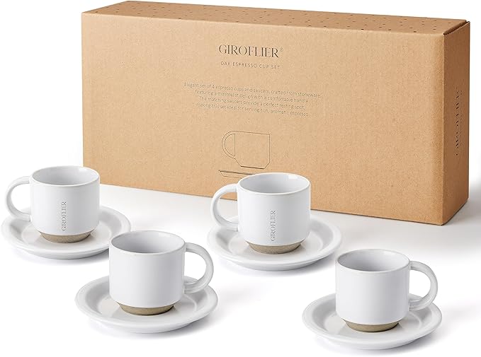 Oak Espresso Cups Set of 4, 3 oz Demitasse Cups, Modern Style, Microwave & Dishwasher Safe (Snow)