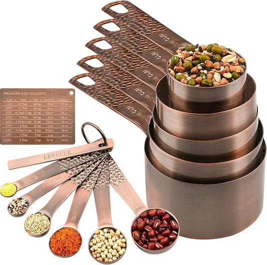 Smithcraft Copper Measuring Cups and Spoons Set 14, Stainless Steel Measuring Cups and Spoons for Baking&Kitchen, Metal Metric&US Dry&Liquid 5 Measure Cups & 6 Spoons with Leveler&Conversion Chart
