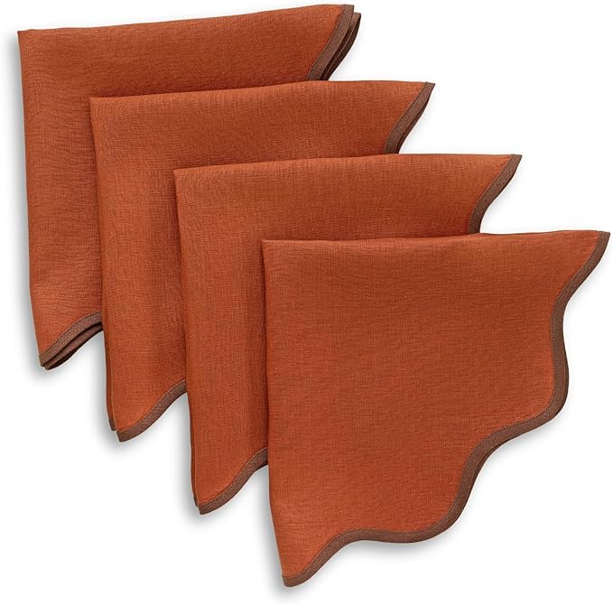 Solino Home Linen Scallop Cloth Napkins Set of 4-100% Pure Linen Brown and Cinnamon Dinner Napkins 20 Inch for Fall, Thanksgiving - Giselle Scallop Edge, Handcrafted and Machine Washable