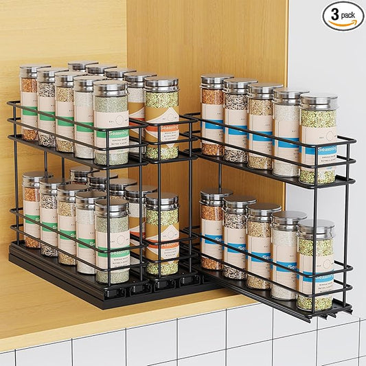 Pull Out Spice Rack Organizer for Cabinet, Slide Out Spice Racks, Easy to Install, 2.1''Wx10.35''Dx8.26''H, 3 Drawers 2 Tiers(Black)
