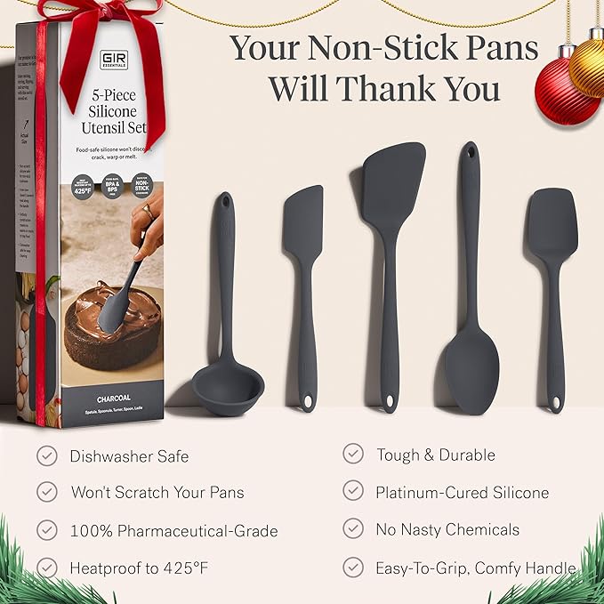 GIR: Get It Right 5 Piece Silicone Essentials Kitchen Utensils Set - Ladle, Spatula, Flip, Spoon & Spoonula - Non-Toxic Cooking Utensils for Nonstick Cookware, Cooking and Baking - Charcoal