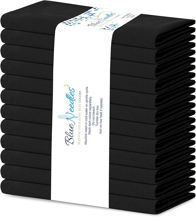 Blue Needles Solid Cloth Napkins Set of 12 Black 100% Cotton Dinner Napkins 18x18 inches - Soft, Reusable, Absorbent & Washable Fall Thanksgiving Linen, Ideal for Events, Parties & Everyday Use