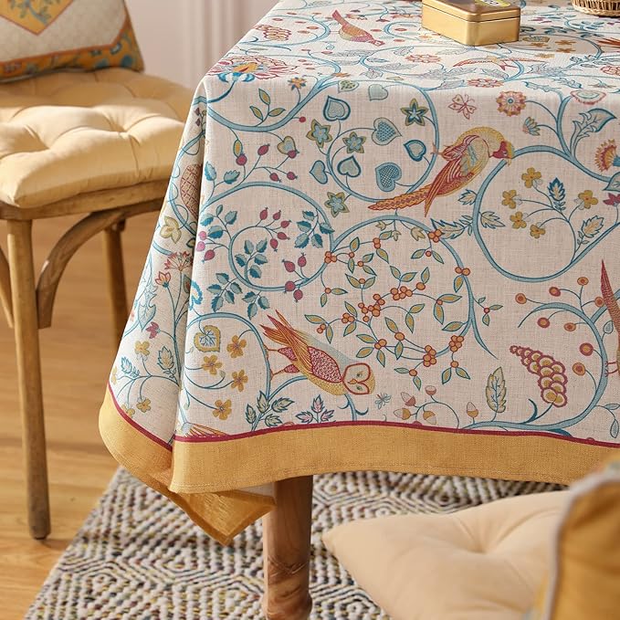 patdrea Designer Yellow French Spring Summer Tablecloth,Rustic Linen Floral Birds Table Cloth for Rectangle Tables,Decor Table Cover for Kitchen Dining Holiday Banquet,Christmas,67"*118"