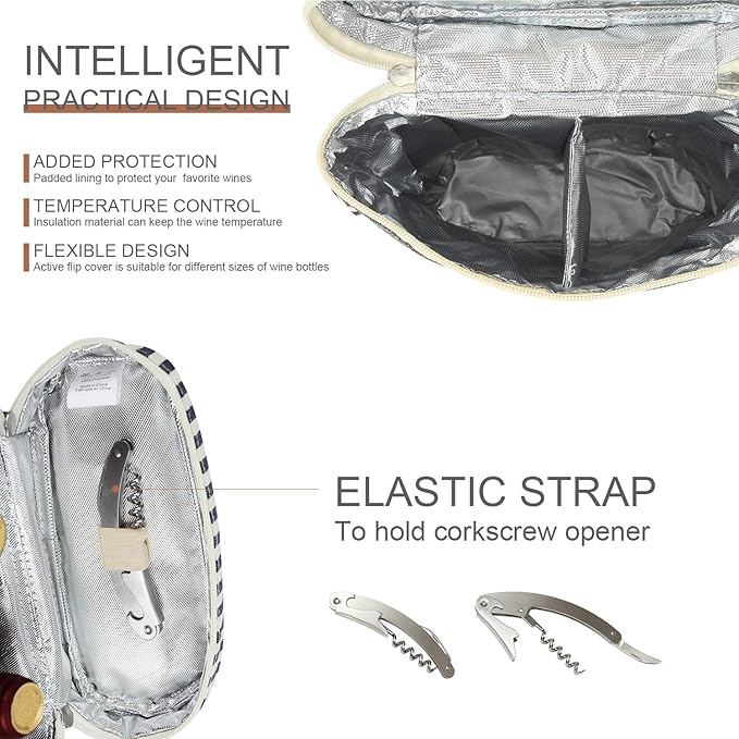 ZORMY 2 Bottle Wine Tote Carrier, Dark Blue, 750 mL Capacity, Polyester Material, With Shoulder Strap and Corkscrew