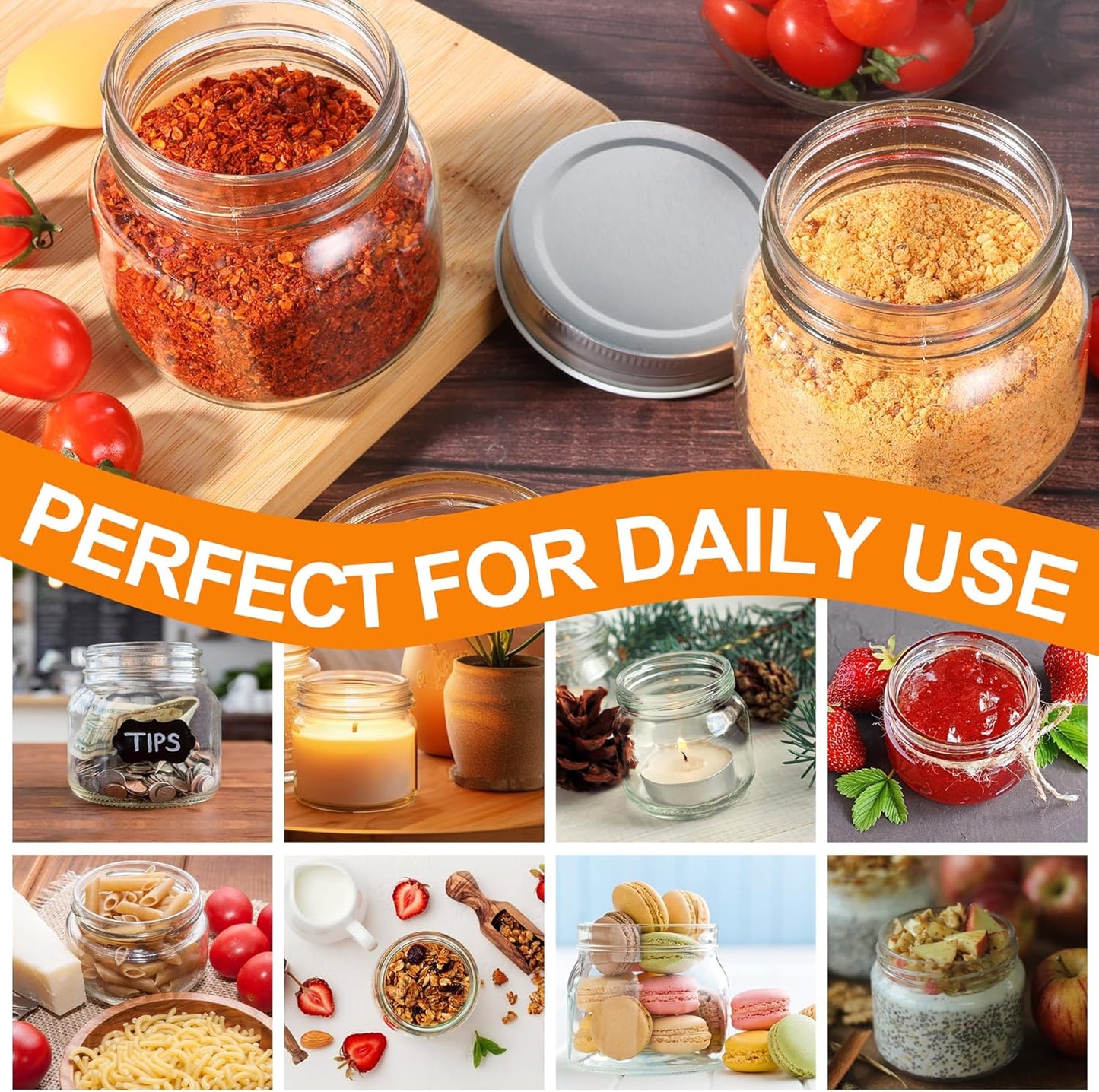 12 Pack Small Mason Jars with Labels, 8 oz Glass Jars with Metal Lids, Half Pint Canning Jars for Jelly, Jam, Honey, Pickles, Spice, Overnight Oats, Food Storage, Candle & DIY Present