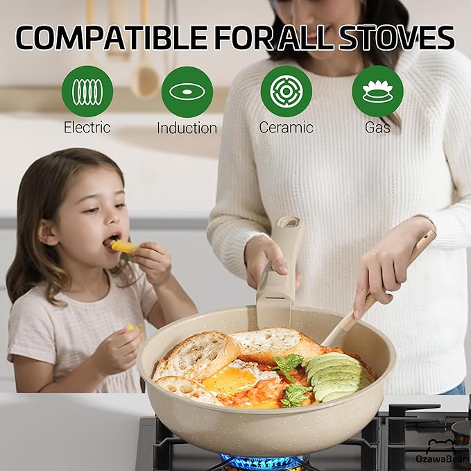 23 Pcs Pots and Pans Set Non Stick, Ceramic Cookware Set Non Toxic with Detachable Handles, Healthy Induction Cookware Oven Safe RV Kitchen Set, PFAS PFOA & PTFE Free, Taupe