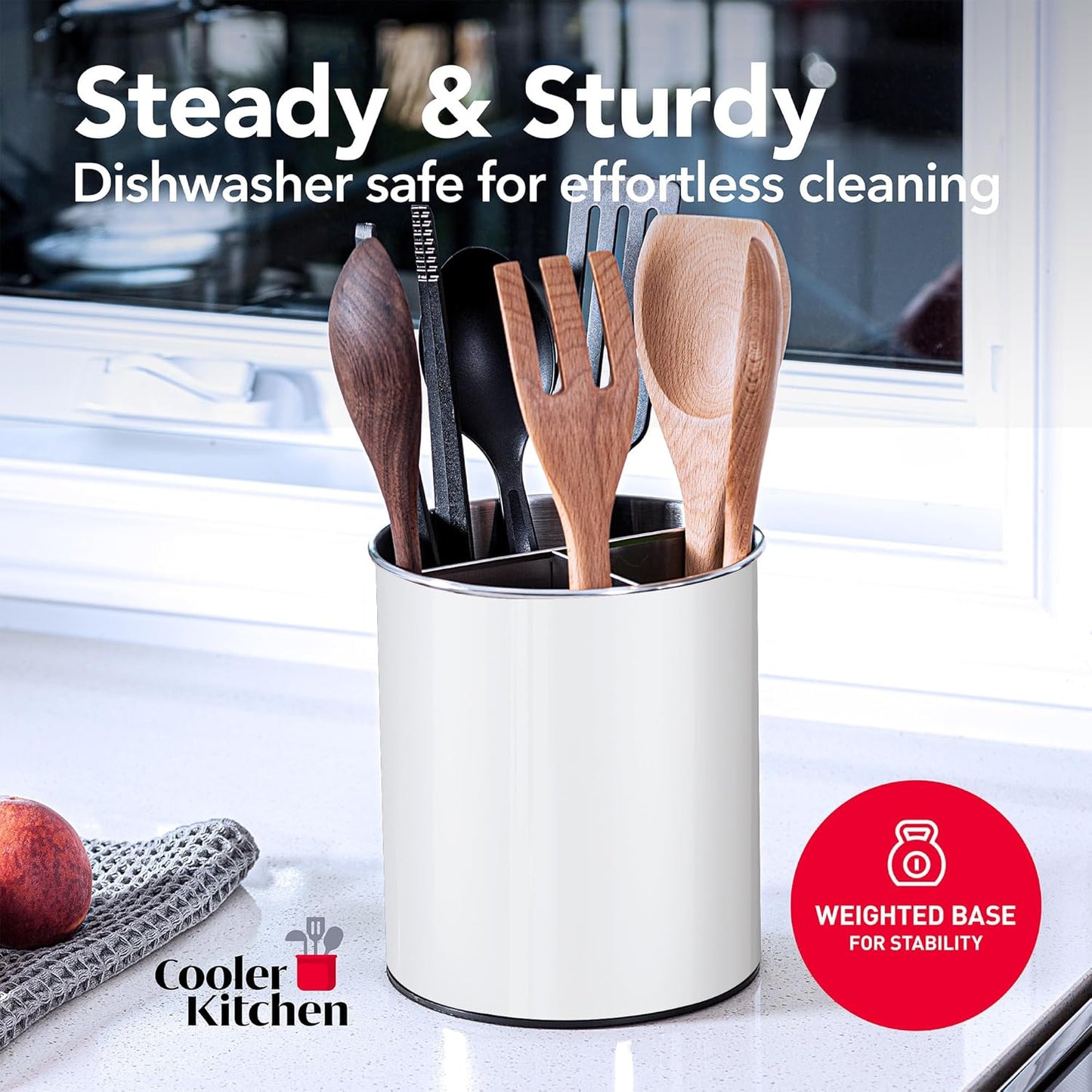 Rotating Extra Large Stainless Steel Utensil Holder Caddy with Sturdy No-Tip Weighted Base, Removable Divider, and Gripped Insert Bottom - Dishwasher Safe Metal Cooking Utensil Holder (White)