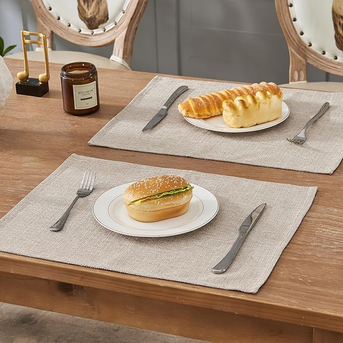 BALCONY & FALCON Placemats Set of 6 Faux Linen Cloth Place Mats Washable Waterproof Wrinkle Resistant Table Placemats for Dining Kitchen Farmhouse Indoor & Outdoor Use(Beige, 13.8”x 17.7”