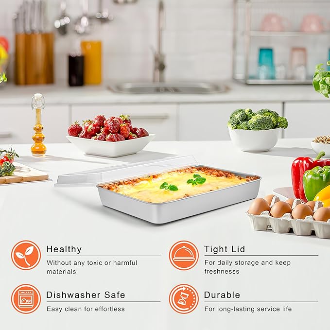 Herogo Baking Pan with Lid, 7 x 9 Inch Stainless Steel Nonstick Deep Pan, Rectangle Cakes Bakeware with Lid for Brownies Casseroles, Non Toxic & Dishwasher Safe, Set of 2