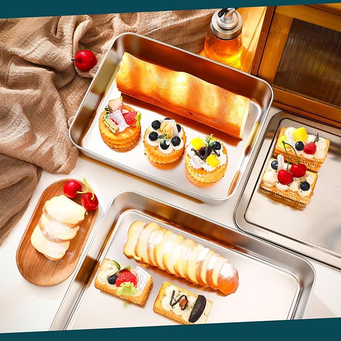 Tioncy 3 Sets Stainless Steel Cake Pan with Lid 17/13/11 Inch Rectangle Sheet Baking Pan with Covers Bakeware with Lids for Cakes Breads Casseroles Fish Vegetables and More
