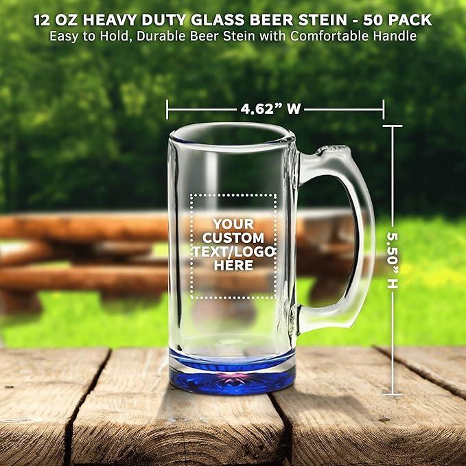 50 Libbey Beer Mugs Set, 12 oz. - Customizable Text, Logo - Groomsmen Glassware - Blue