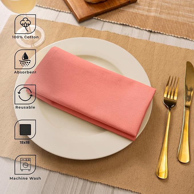 Blue Needles Solid Cloth Napkins Set of 12 Salmon 100% Cotton Dinner Napkins 18x18 inches - Soft, Reusable, Absorbent & Washable Fall Thanksgiving Linen, Ideal for Events, Parties & Everyday Use