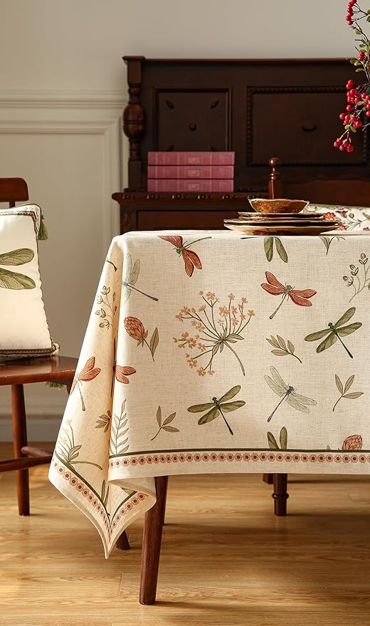 French Rectangular Tablecloth,Linen Table Cloth with Flowers and Red and Green Dragonflies Pattern,Heavy Durable Table Cover for Dining Thanksgiving Kitchen Party Christmas,67"*118"