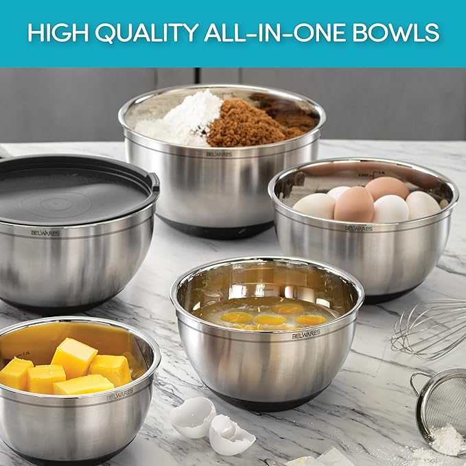 Mixing Bowls with Airtight Lids - 8PCS Stainless Steel Nesting Mixing Bowls Set with 3 Grater Attachments & Non-Slip Bottoms, Black Kitchen Bowls, Sizes 5, 4, 3.5, 2, 1.5QT for Baking & Kitchen Gift