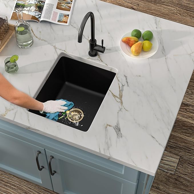15"x18" Undermount Bar Prep Sink – Matte Black Granite Composite Quartz Classic Under Counter Single Bowl Sink Basin for Wet Bar, RV, Small Kitchen