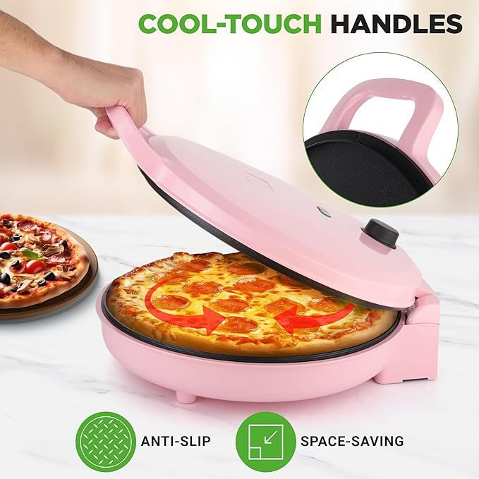 NutriChef Countertop Pizza Maker | 1500W Non-Stick Electric Pizza Cooker | Make 12" Personal Pizzas, Eggs, Toast, Quesadillas & More | Cool-Touch Handles & Space Saving | Temp Range 175-400°F | Pink