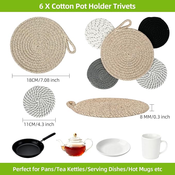 AURADYNE Glass Food Storage Containers with Lids, 3 Borosilicate Meal Prep Containers Reusable (5, 4.4, & 1.75 Cup), 6 Cotton Pot Holder Trivets, 3 Natural Loofah Sponges Lunch Oven Safe/Freezer/Clean