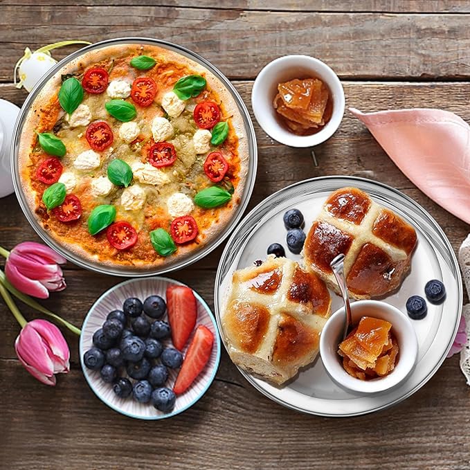 P&P CHEF 10 Inch Pizza Pan, Stainless Steel Round Pizza Tray Baking Pans, Pizzas Plate Serving Tray for Cookie Meat, Oven & Dishwasher Safe & Easy Cleaning, (Mirror Finish) - 2 Pieces