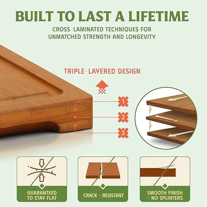 Carbonized Bamboo Cutting Board Set of 3 with Holder – Natural Reversible Kitchen, Charcuterie & Cheese Boards – Holiday Hosting Essentials. (S M L with Holder)