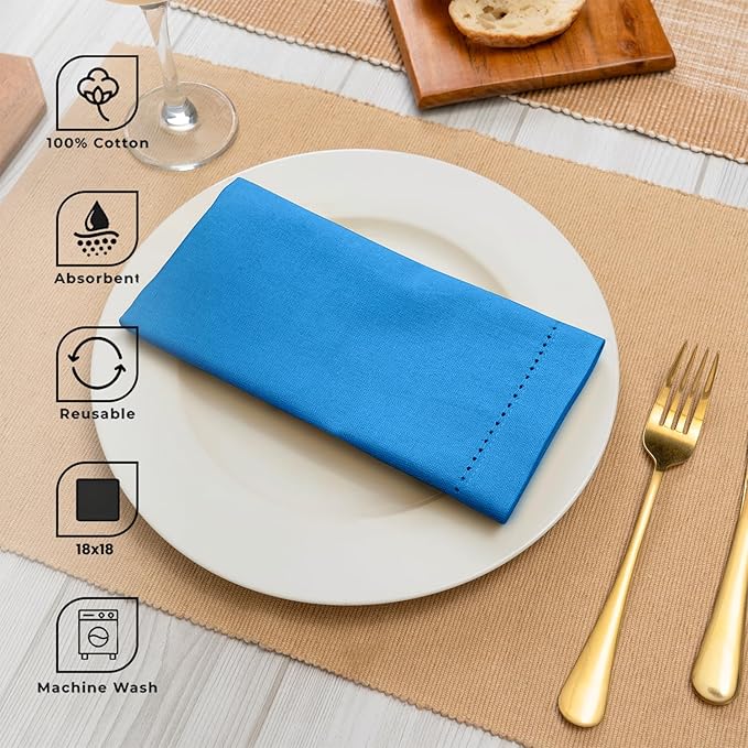 Blue Needles Set of 12 Hemstitch Linen Napkins 100% Cotton Royal Blue Cloth Dinner Napkins 18x18 inches, Soft, Reusable, Absorbent, Washable, Ideal for Fall Thanksgiving Events, Parties & Everyday Use