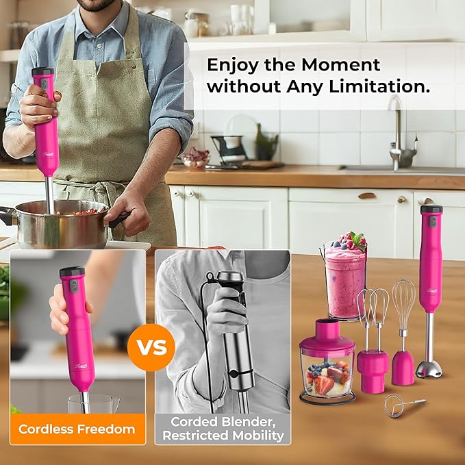 Rosewill 6-in-1 Multi-Speed Cordless Rechargeable Immersion Hand Blender, Heavy Duty Motor - Stick Blender, Beaker, Whisk, Chopper, Dual Beater, Milk Frother - For Smoothies, Baby Food, Soup (Rose)