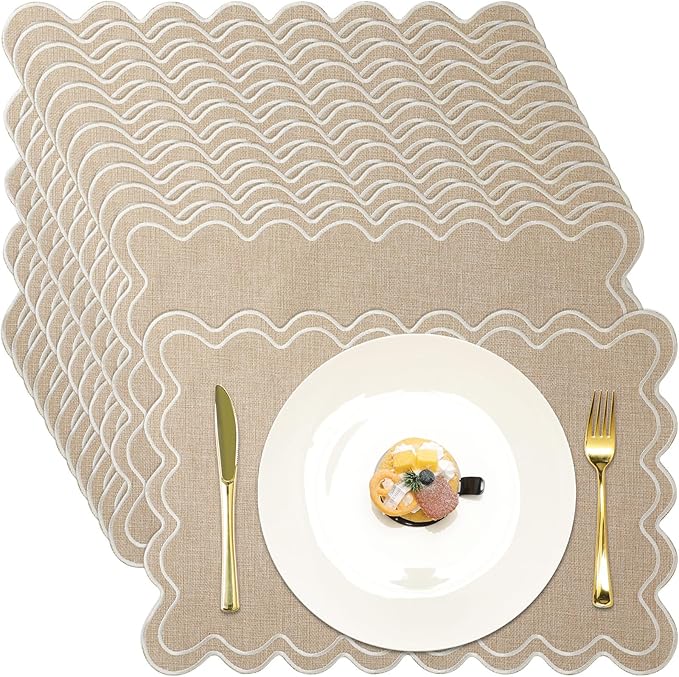 12 Set Linen Placemat 13x19 Wavy Embroidery Scalloped Placemat Double Layered Washable Farmhouse Dinner Table Mat Fabric Napkin for Christmas Hotel Restaurant Wedding Party(Linen Color)