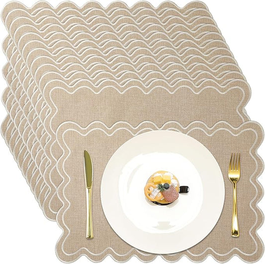 12 Set Linen Placemat 13x19 Wavy Embroidery Scalloped Placemat Double Layered Washable Farmhouse Dinner Table Mat Fabric Napkin for Christmas Hotel Restaurant Wedding Party(Linen Color)
