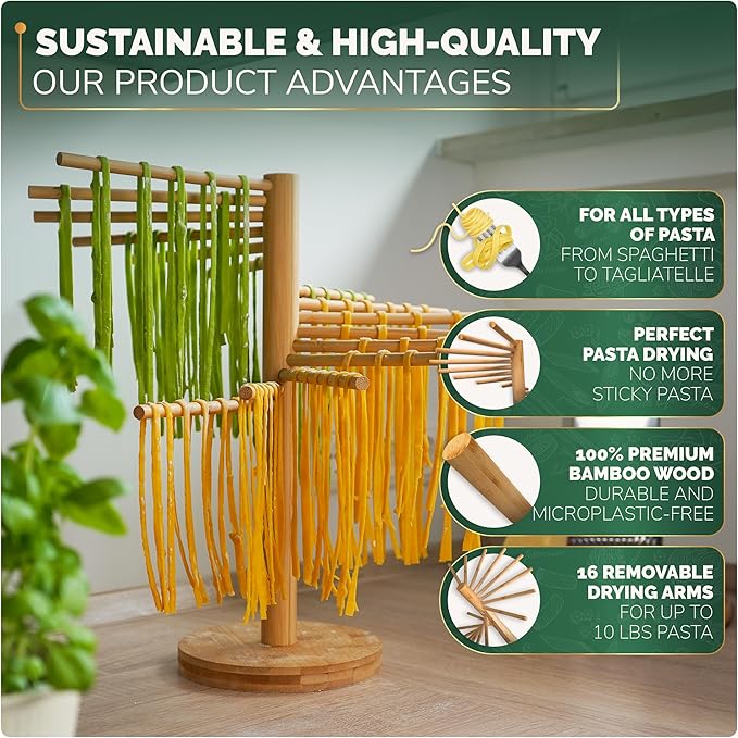 Purewood Premium Collapsible Pasta Drying Rack, Wooden Noodle Dryer Stand for Fresh Pasta, Pasta Maker Accessory, 100% Natural Bamboo, Bonus Recipe Book Included, Space-Saving Large Capacity