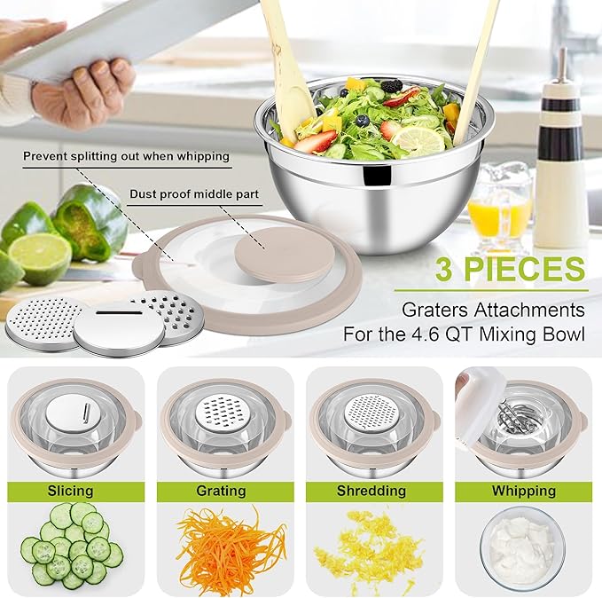 E-far Mixing Bowls with Lids Set of 5, Stainless Steel Salad Mixing Bowl with Transparent Lid, Metal Nesting Storage with 3 Graters for Kitchen Prepping/Serving/Baking, 4.6/2.6/1.5/1/0.7 QT - Colorful
