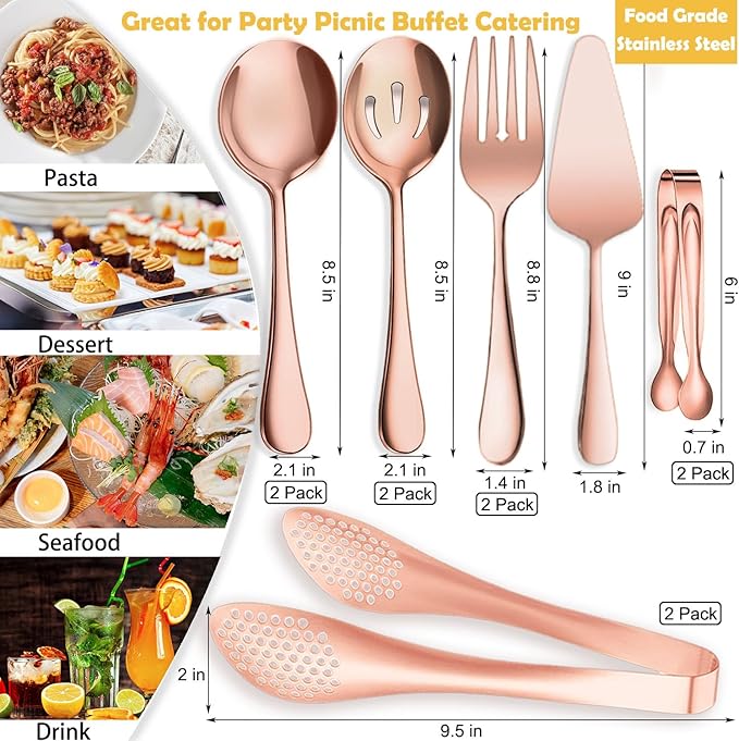 11 PCS Serving Utensils, Large Stainless Steel Spoons Forks Tongs, Pie Server, Great for Hostess Buffet Catering Banquet Party, Rose Gold
