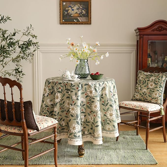 French Tablecloth for Round Tables,Linen Table Cloth with Colorful Flowers and Leaves Pattern,Heavy Durable Table Cover for Dining Thanksgiving Kitchen Decor Party Christmas,67"*67"